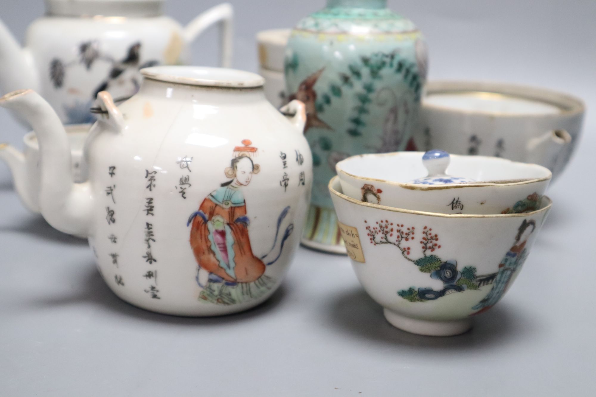 A group of Chinese famille rose tea wares and fish vase, late Qing / Republic, damage